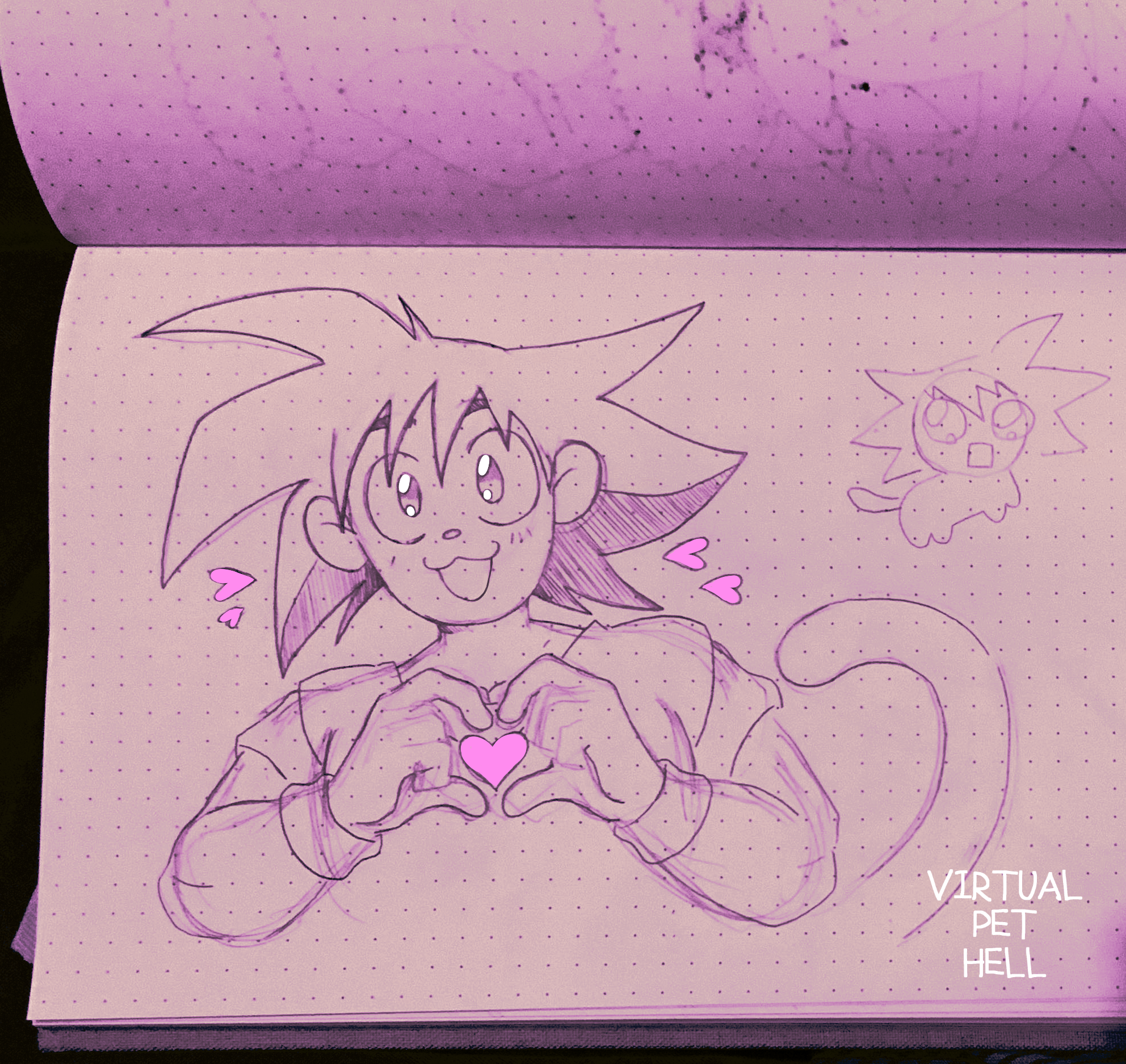pencil sketch of goku making a heart shape with his hands