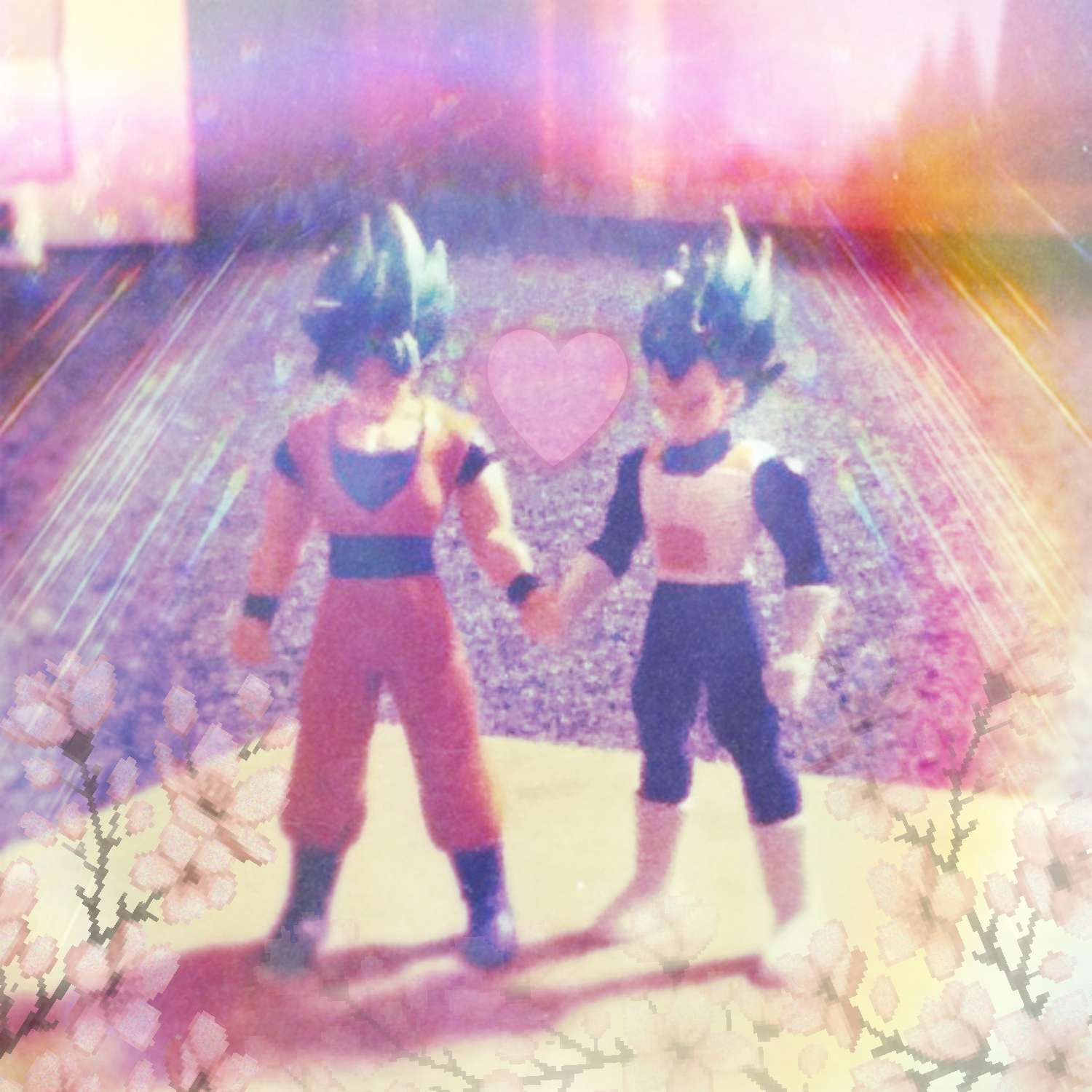 goku and vegeta toys hold hands with pink filter